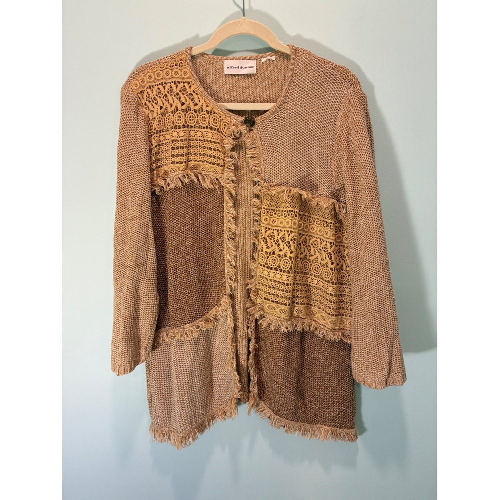 Alfred Dunner Womens Patchwork Lace Fringe Open Front Cardigan Tan Brown Sweater